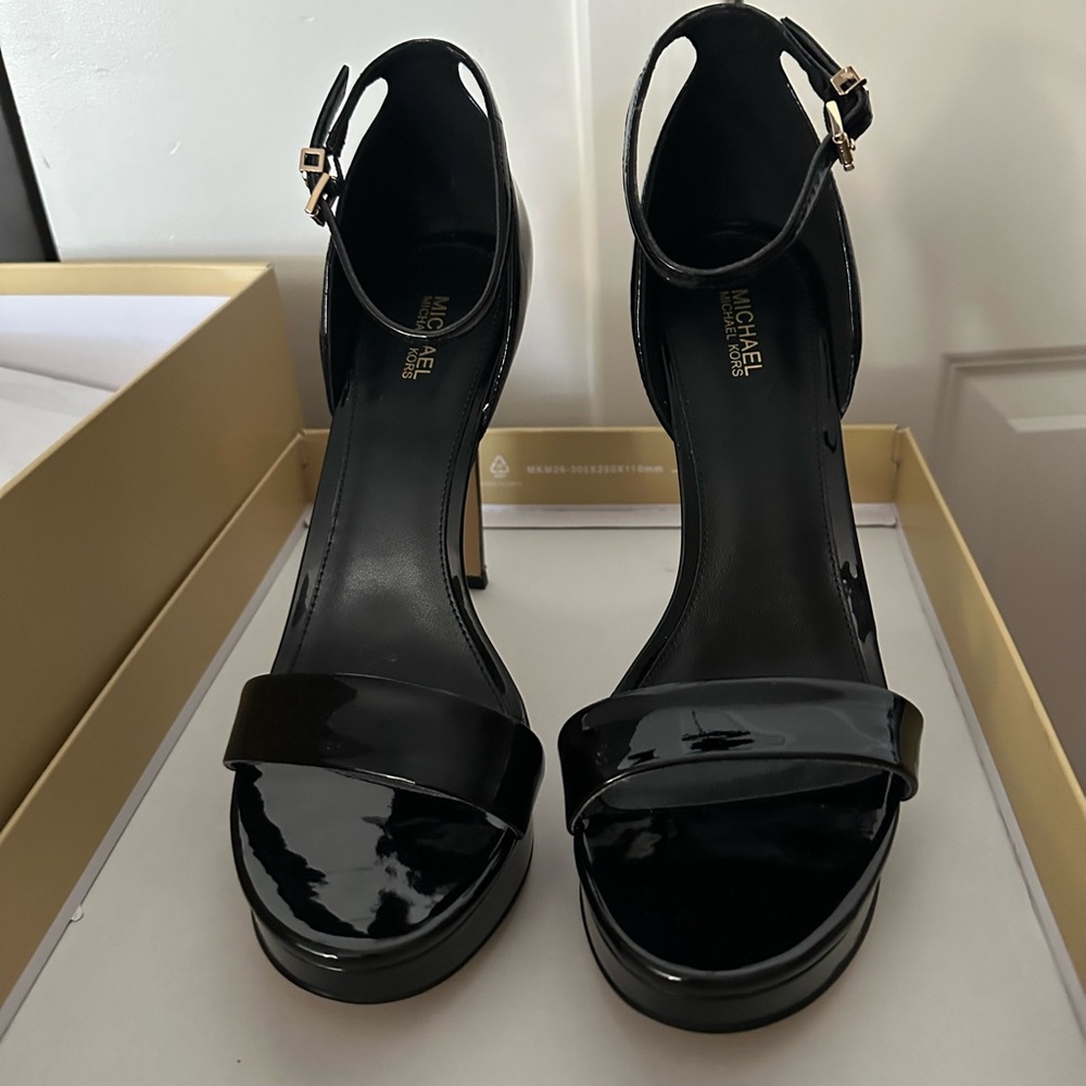 Michael Kors Black Stiletto Heels with Ankle Strap MK Gold Logo 8.5